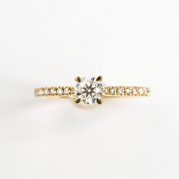 This yellow gold diamond ring is set with diamonds over half the band. This ring is a classic and precious design. We also have this ring available without the diamonds on the band if you are look for something even more timeless.  18kt yellow gold. Perfect engagement ring. 