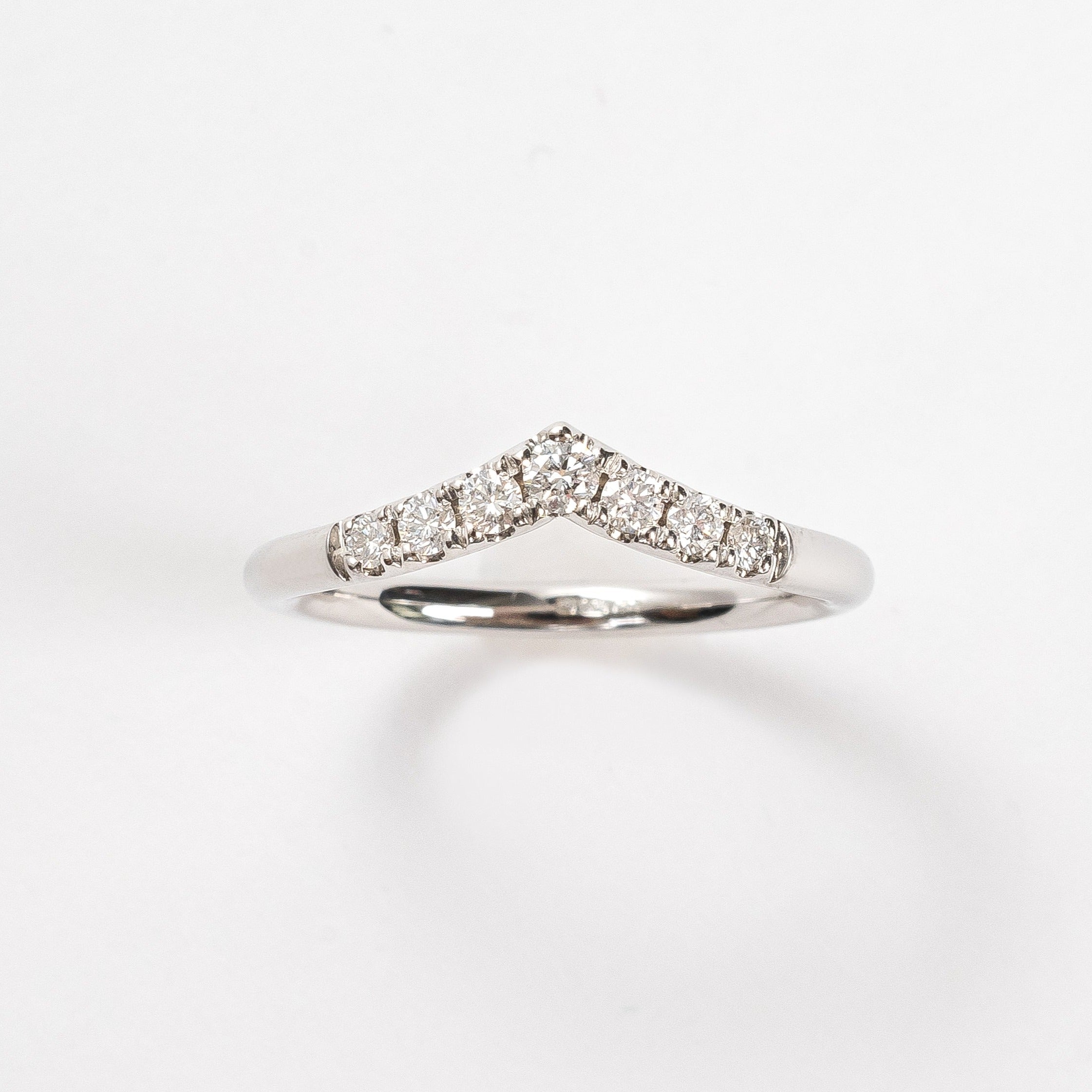 This ring has a wishbone design. The wishbone is a popular good luck symbol in the Western world. This ring is fun to stack with straight rings as it gives some funk to your ring stack.    18kt white gold