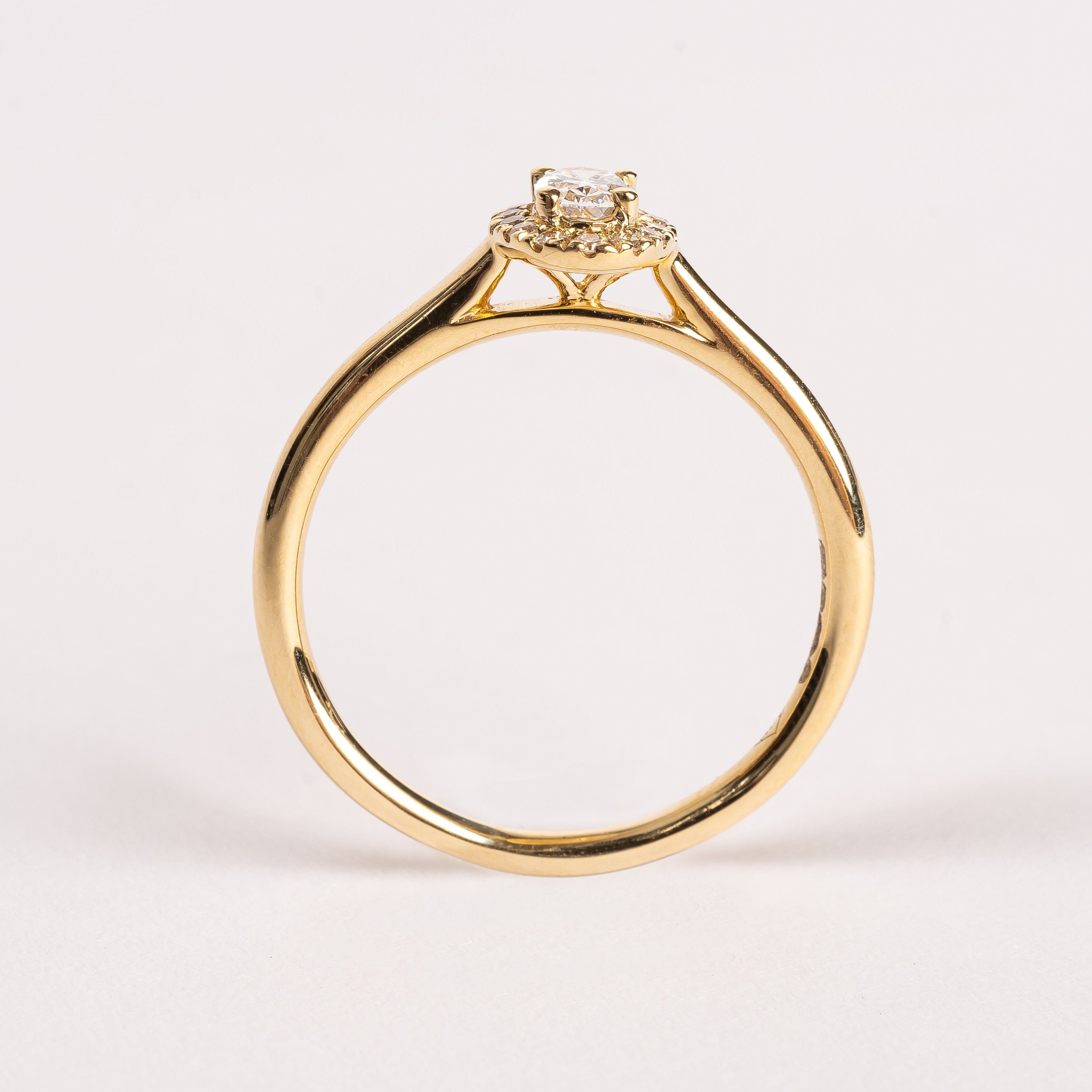 This is your engagement ring. This yellow golden ring is set with a brilliant diamond surrounded by a diamond halo. It looks perfect in its simplicity yet the halo makes the stone look more big.