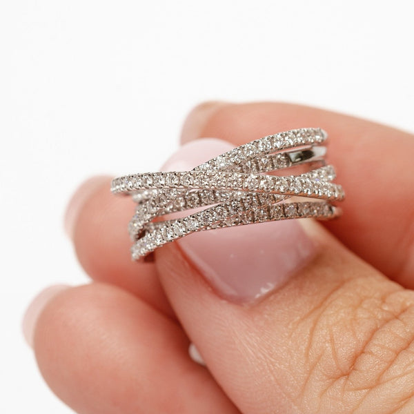 Big five diamond rows ring  This big ring with 5 perfectly placed diamond rows make a stunning ring. This ring is made to wear on a finger alone, it's enough and it's perfect!   18kt white gold Total diamond weight for the ring approx. 0.91ct round brilliant diamonds G-H/Si